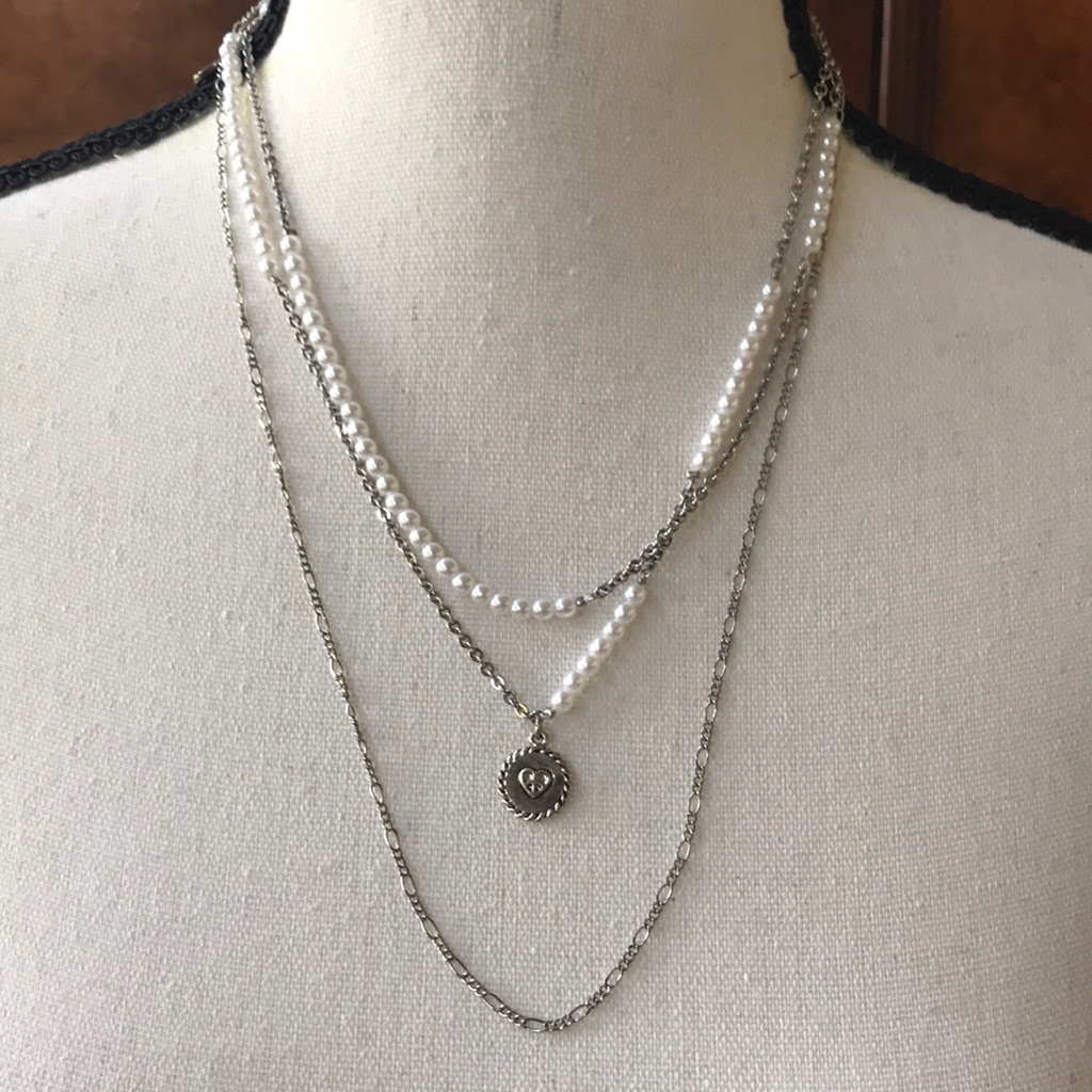 Silver Pearl 3-Layer Necklace With Peace Sign Charm 12$